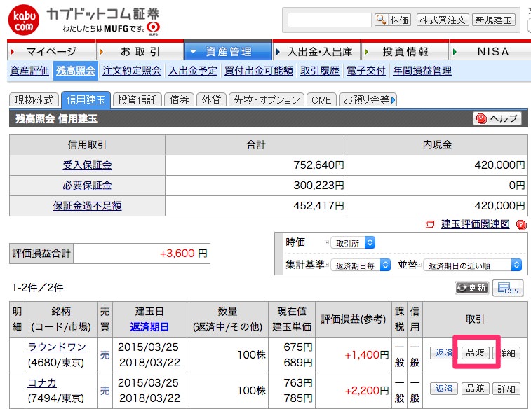 三菱UFJ eスマート証券で現渡する方法