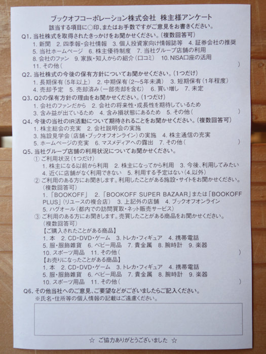 ブックオフの株主アンケート