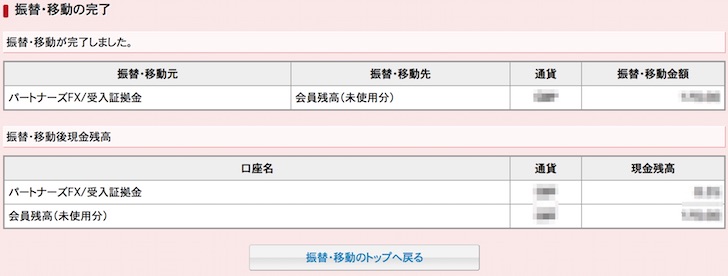 マネーパートナーズで外貨を振替する手続きが完了