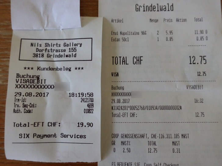 スイスで買い物したときのレシート