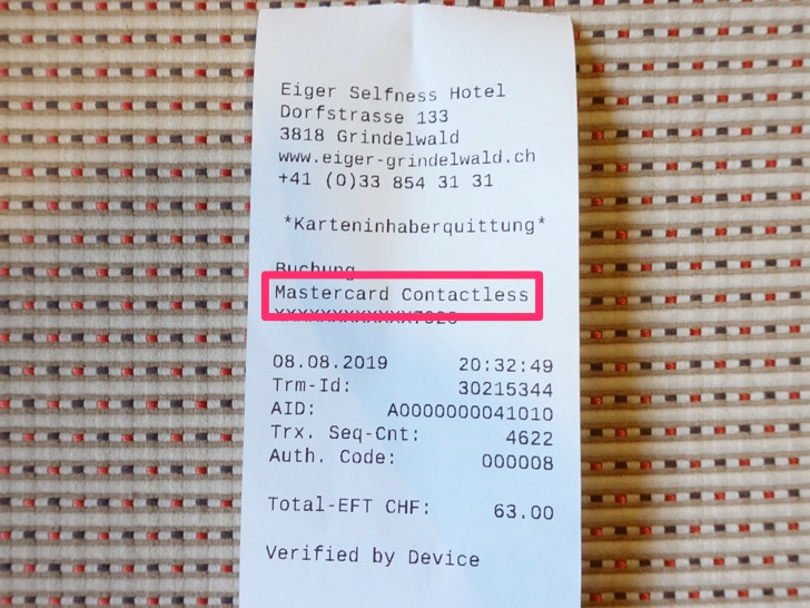 スイスでMastercardコンタクトレス決済したときのレシート
