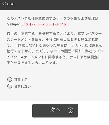 ストレングスファインダー　同意する画面