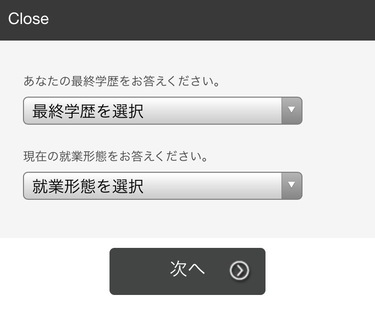 ストレングスファインダー　最終学歴などの選択画面