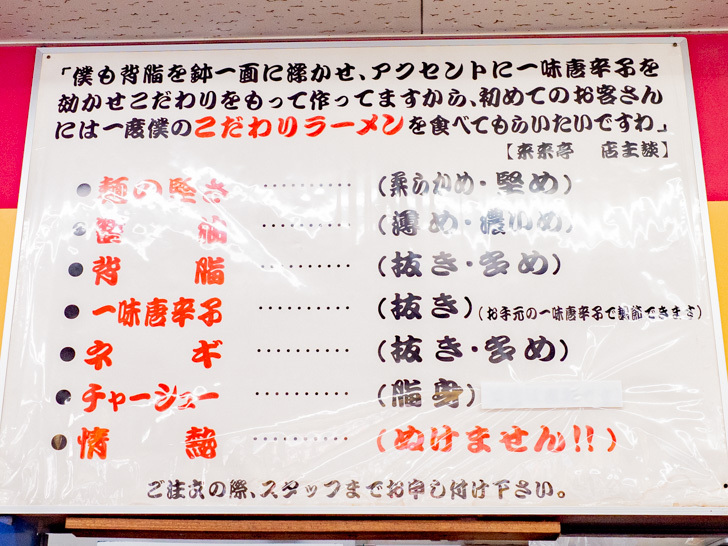 来来亭 カスタマイズ表(店内掲示)