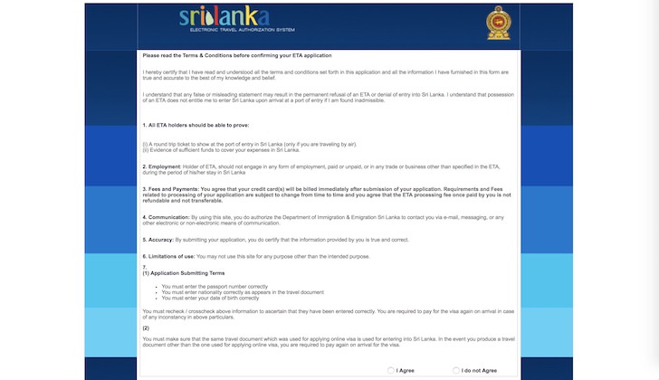スリランカビザ「ETA」申請画面