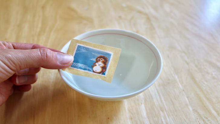 一度貼った切手をお湯で綺麗にはがす方法(切り取った62円切手をお湯に浸す)