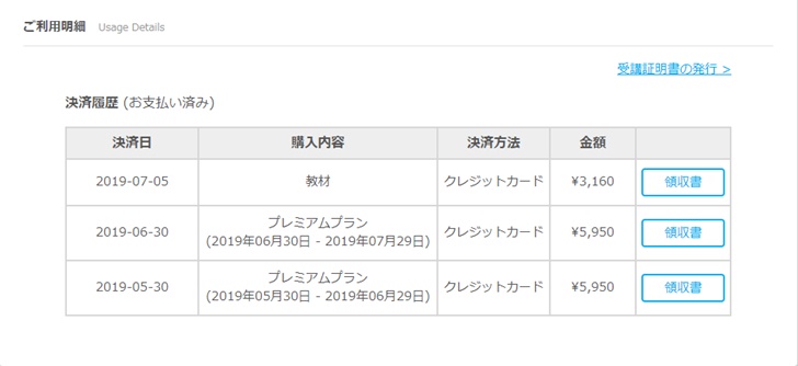 ネイティブキャンプ　領収書
