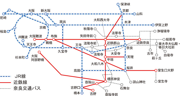 「奈良満喫フリーきっぷ」のフリー区間