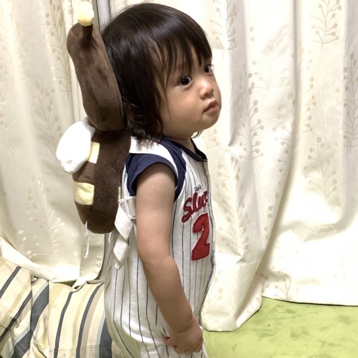 安全対策にクッションリュックを背負った筆者の1才半の息子